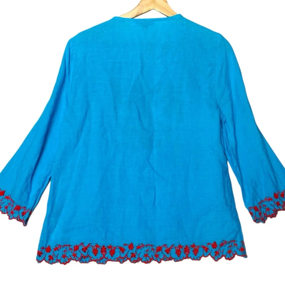 J. Crew Embroidered Linen Tunic Top Womens 2 Aqua Blue Boho Chic Floral Resort - Picture 2 of 8